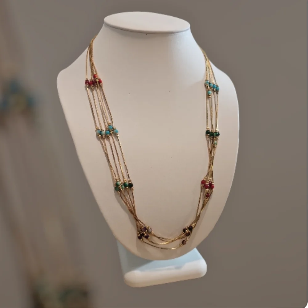 Vintage '80s Multicolor Serpentine Multi-Strand Beaded Necklace Gold-Tone. - Picture 5 of 5